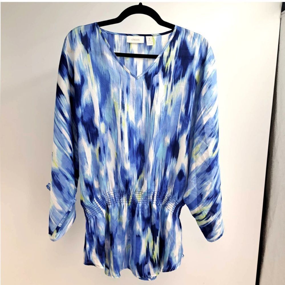 Chico’s Lynnea Tunic Top 2 3/4 Sleeve Smocked V-Neck Deep Ultra Marine Blue Nwt‎